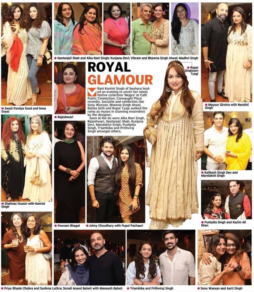 Newspaper clipping featuring article A do celebrating Indian weaves with photo of Haute Services founder Maneesh Baheti, along with Neelam Pratap Rudy, Veera Singh, and artisans at an event celebrating Indian textile art and preservation of traditional weaves