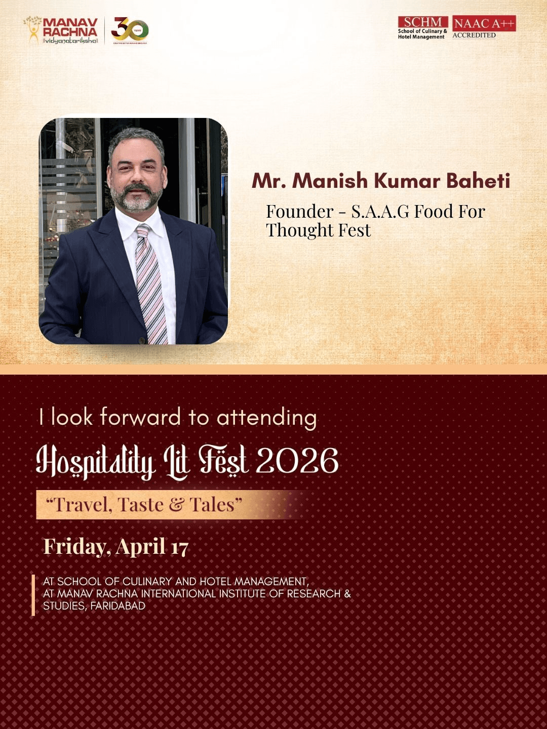 Broadcast promotional graphic featuring Haute Services founder Maneesh Baheti discussing hospitality industry trends and Food For Thought Fest