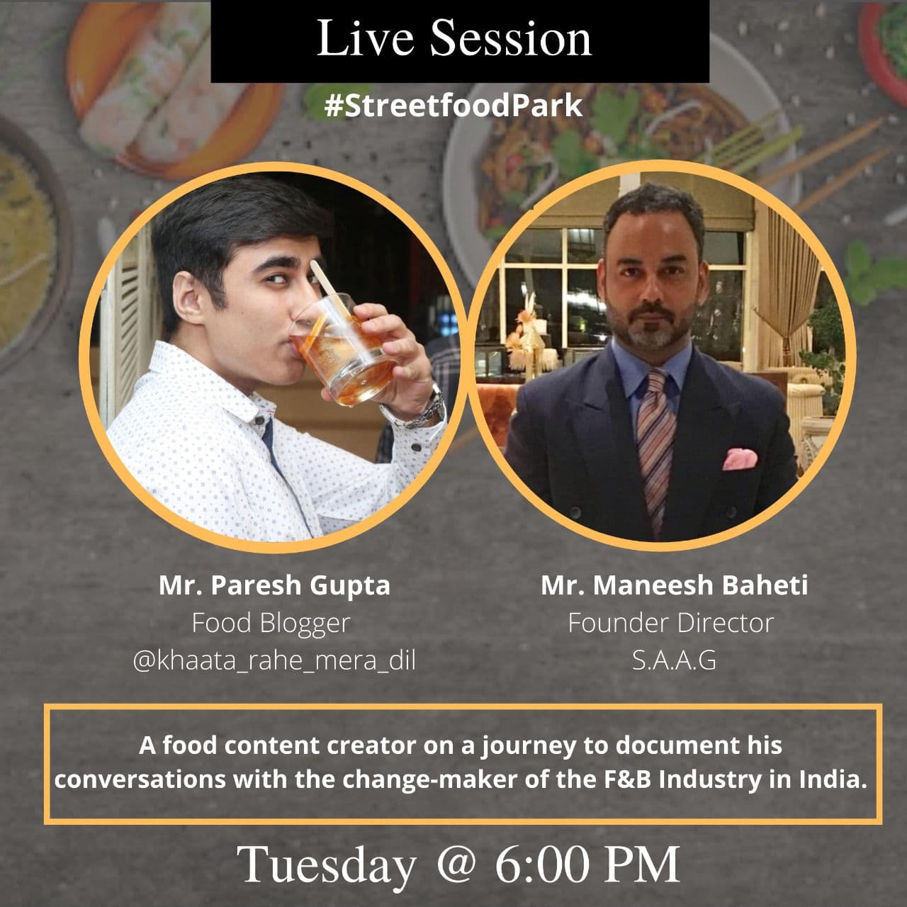 Broadcast promotional graphic featuring Haute Services founder Maneesh Baheti discussing hospitality industry trends and Food For Thought Fest