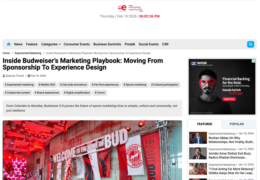 Inside Budweiser’s Marketing Playbook: Experience Design - Everything Experiential February 18, 2026, Haute Services media coverage