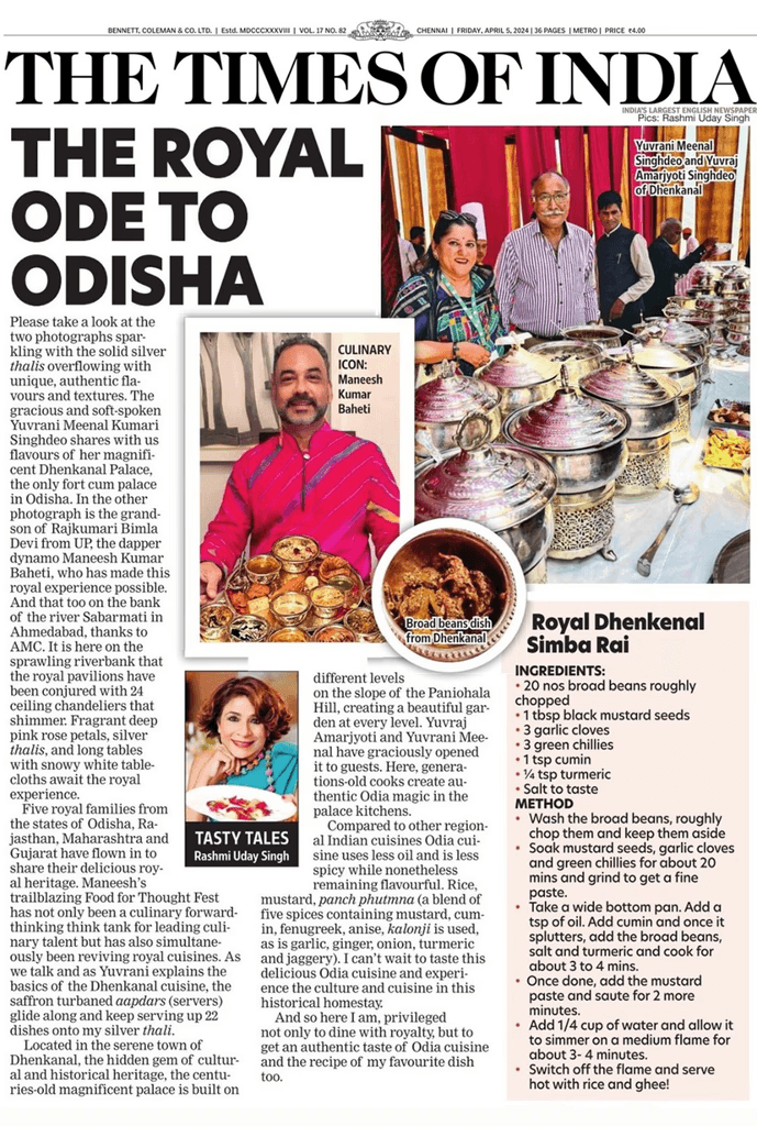 Heritage Gastronomy & Royal Culinary Traditions - The Times of India – The Royal Ode to Odisha 2024, Food For Thought Fest literary feature