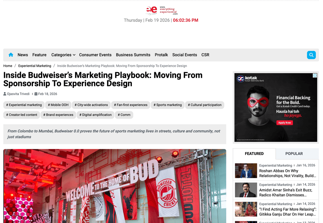Inside Budweiser’s Marketing Playbook: Experience Design - Everything Experiential February 18, 2026, Haute Services media coverage